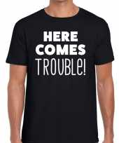 Here comes trouble tekst t-shirt zwart heren